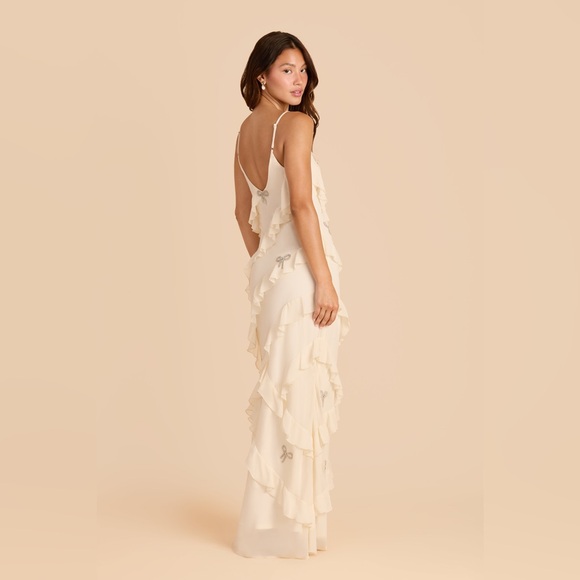 Cream Satin Ruffle Gown w/ Silver Crystal Bows – Romantic Maxi Slip Dress - Picture 6 of 9